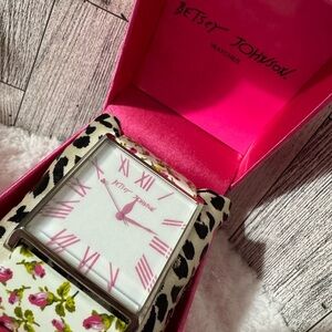 Betsey Johnson White Dial Watch with Pink Accents and Floral-Leopard Strap
